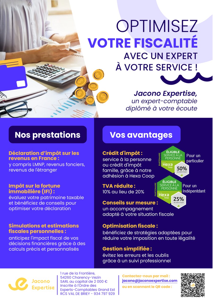 Affiche Jacono Expertise : optimisez votre fiscalité avec un expert à votre service — prestations fiscales et avantages Hexa Coop (crédit d'impôt 50 % particulier, 25 % indépendant, TVA réduite à 10 %)